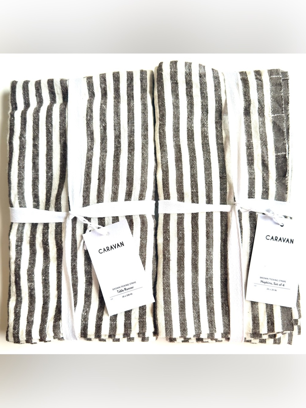 Caravan Brown Ticking Stripe Linen/Cotton Table Runner & Napkins NWT Retail $159